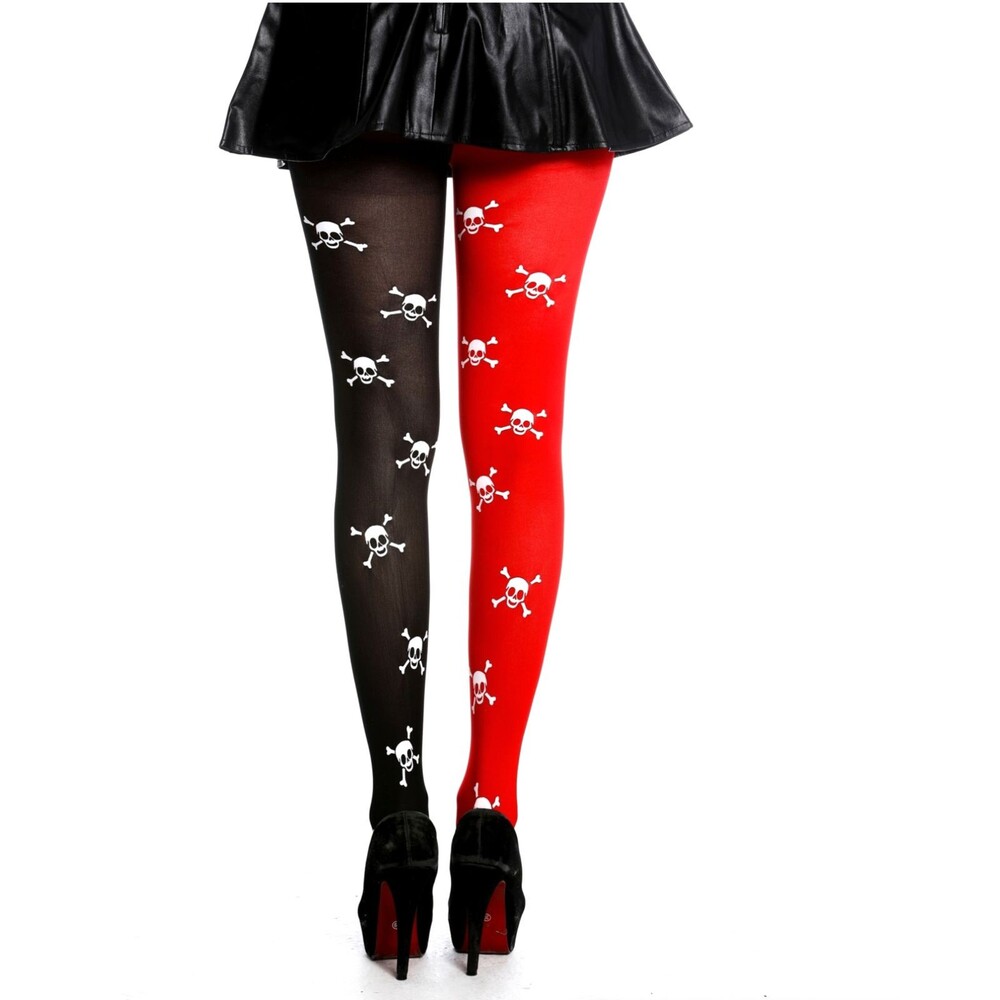 Red Black Skull Crossbones Thigh High Stockings Harlequin Goth Punk Costume